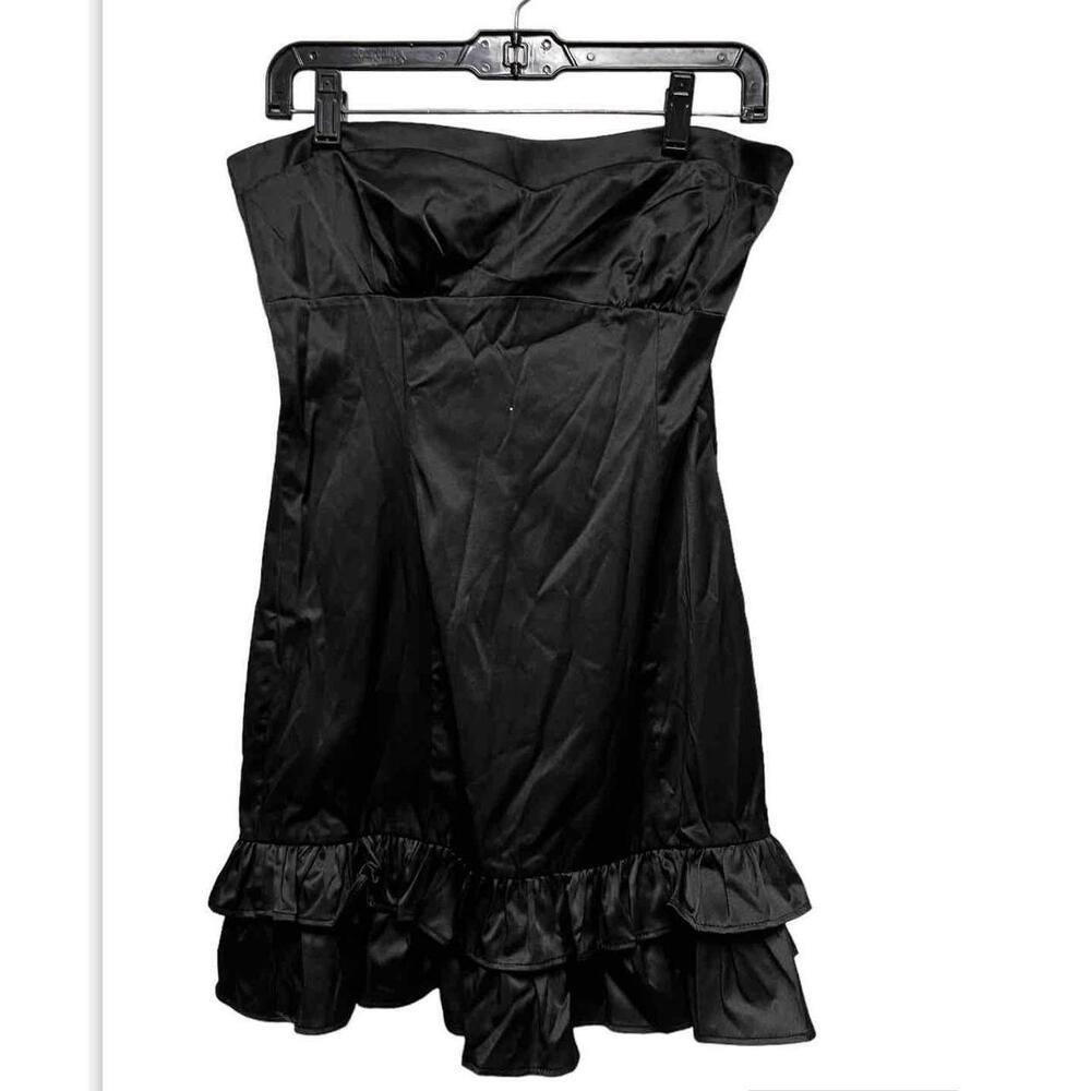 Misope Womens Black Satin Strapless Ruffle Hem Mini Dress Size L Women - Picture 2 of 9